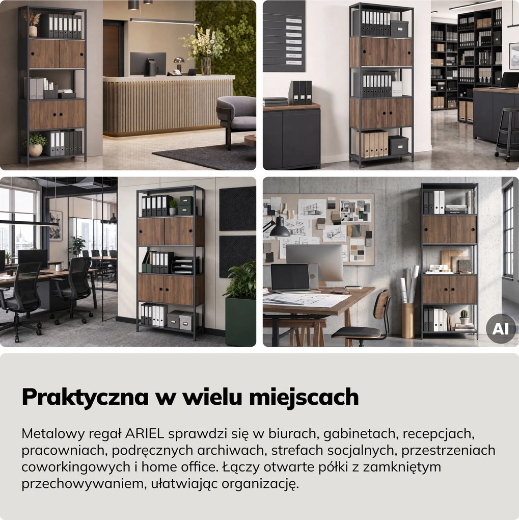 Regał na segregatory z szafką zamykaną, biurowy, otwarte półki, metalowy antracytowy/orzech, 800x2200x400 mm: ARIEL Eco Design