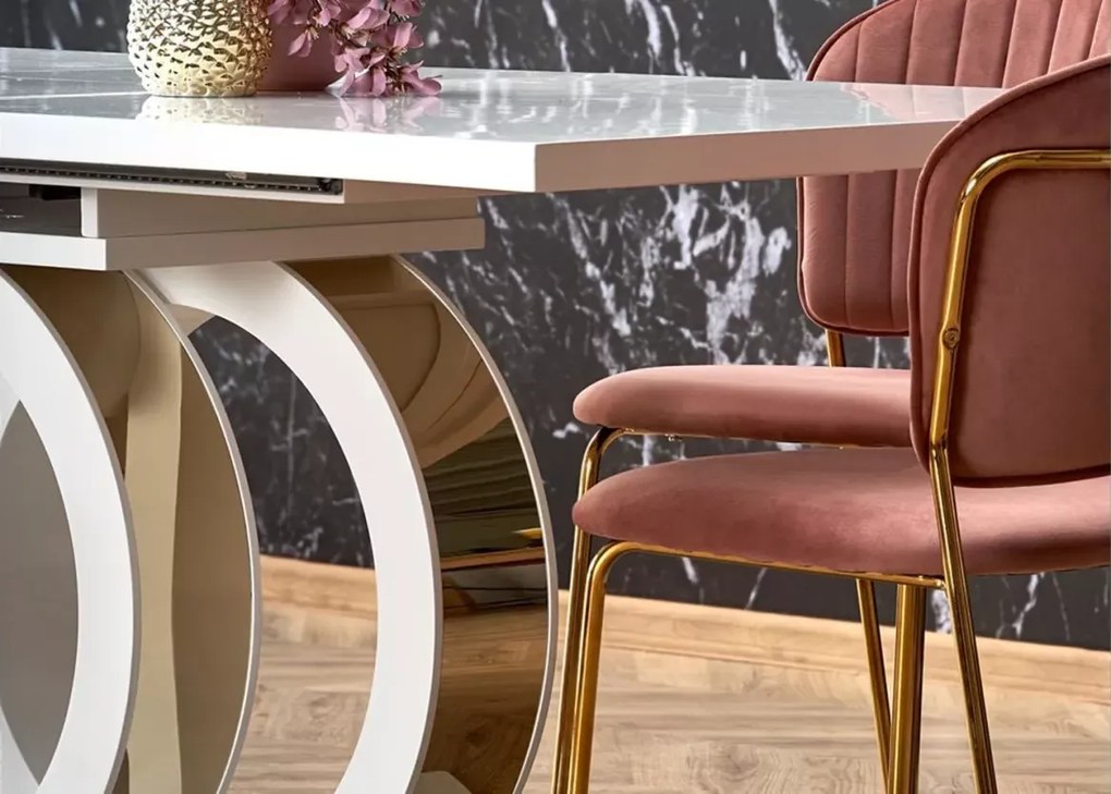 Elegancki rozkładany stół Tazzisto 160-200/90 biały połysk z blatem z MDFu lakierowanego i złotymi detalami do salonu glamour