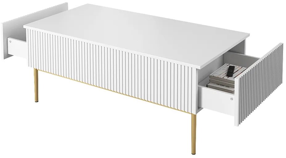 Stolik kawowy Nicole 120 cm z szufladami i metalowymi nogami - biały mat / złote nóżki