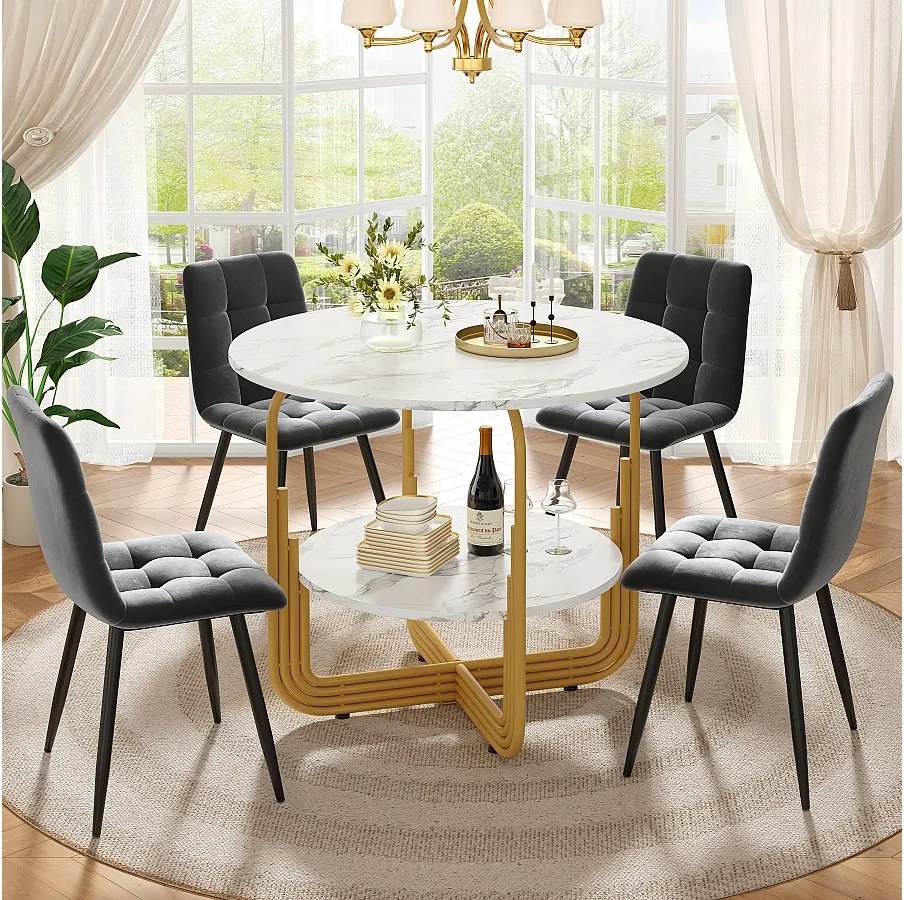 Zestaw 5 stołów i krzeseł do jadalni - 80 x 80 x 76 cm - stół ze schowkiem + 4 krzesła welurowe - MDF + Metal - szary