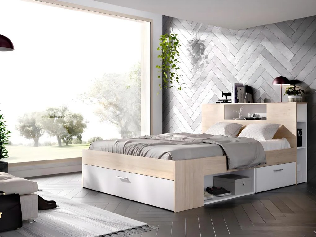 Łóżko z zagłówkiem, miejscem do przechowywania i szufladami –160 × 200 cm – kolor: naturalny i biały z szafkami nocnymi - LEANDRE
