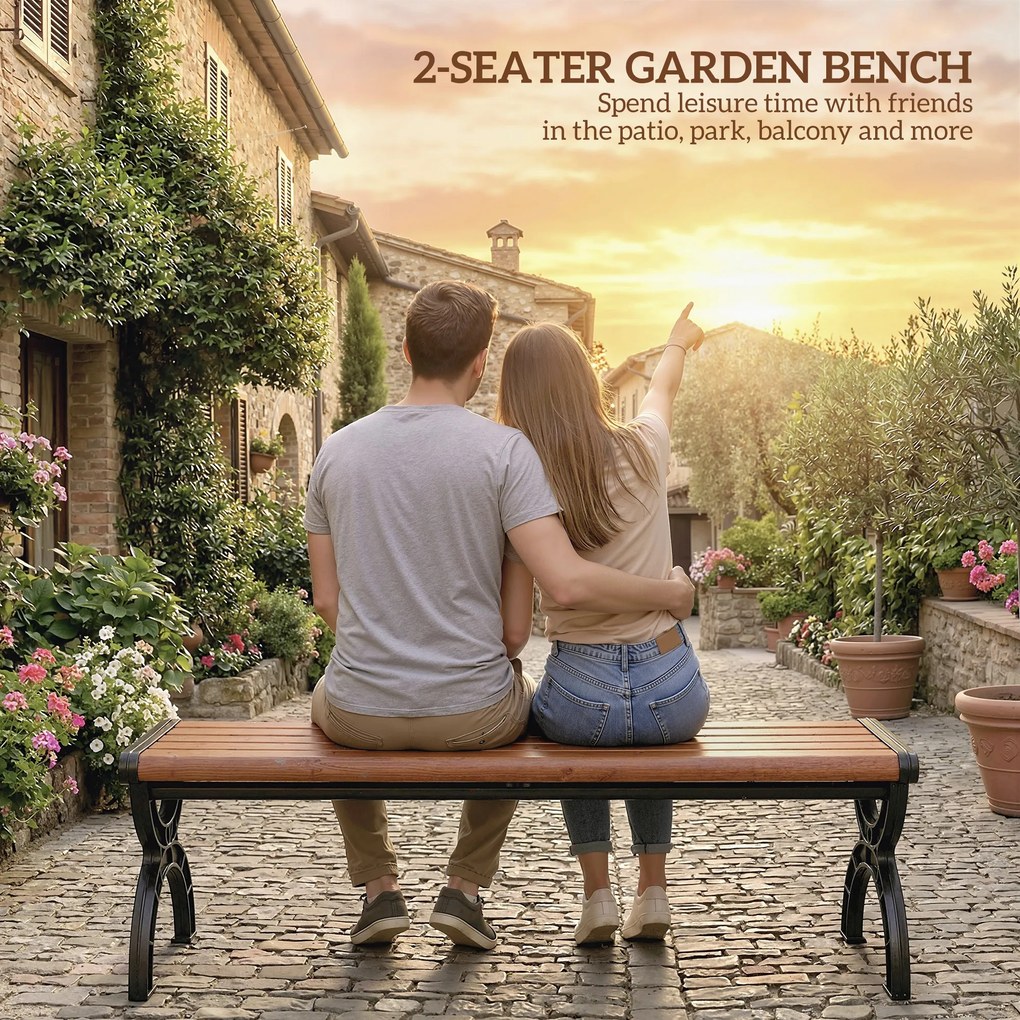 Outsunny Ławka 2-osobowa, ławka zewnętrzna z metalową ramą i siedziskiem z listew, meble tarasowe do ogrodu i na taras | Aosom PL