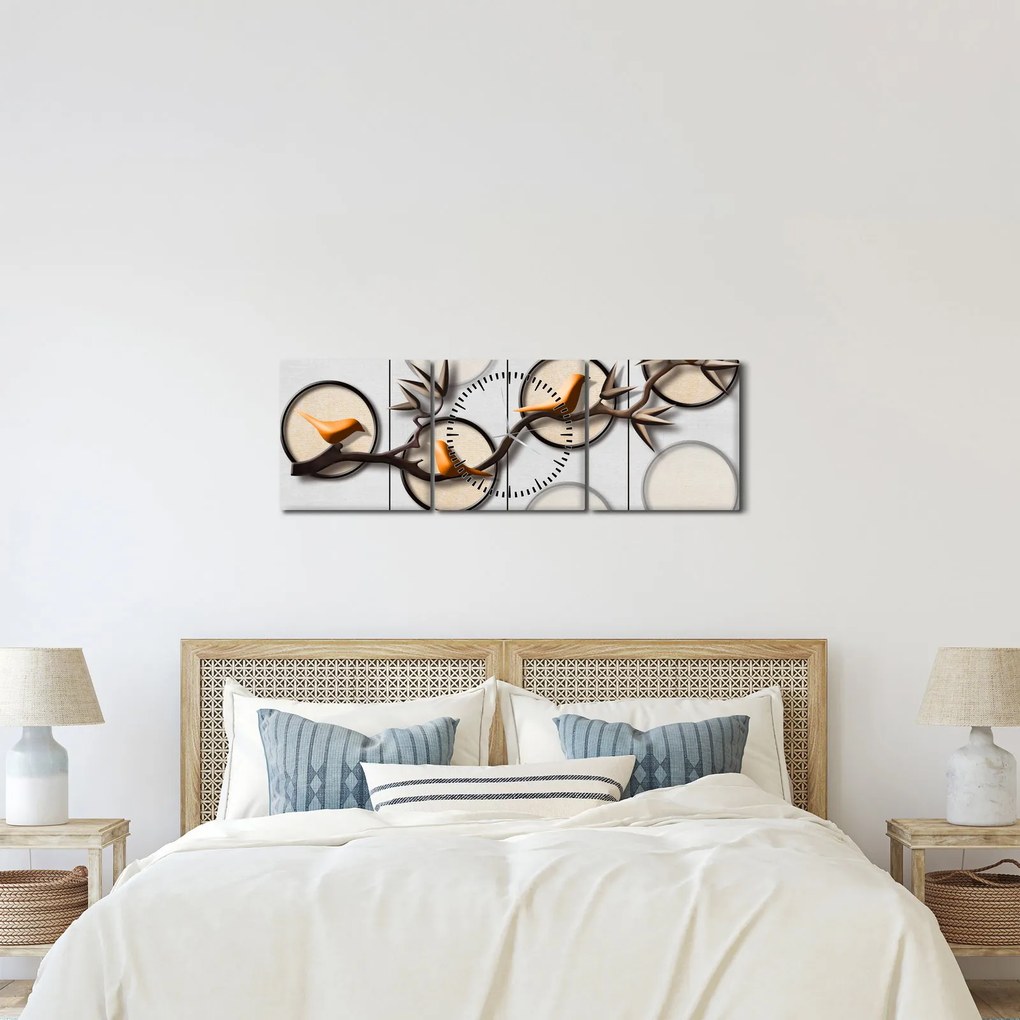 Malarstwo artystyczne - Ptaki na gałęzi (z zegarem) (90x30 cm)