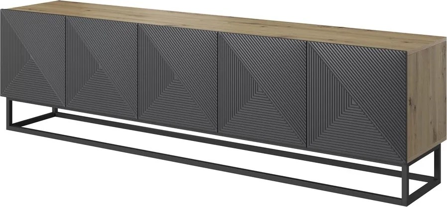 Szafka RTV Asha 200 cm z ryflowanym frontem i metalowym stelażem - artisan / rivier stone mat