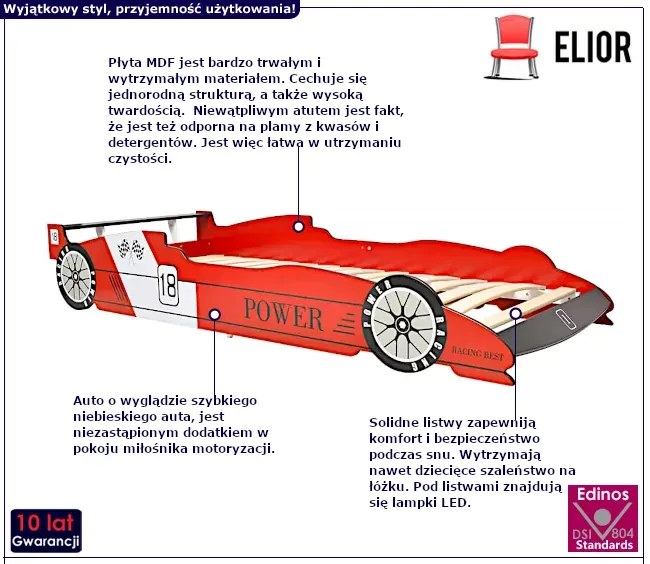 Czerwone łóżko auto z lampkami LED 90x200 F3-M07