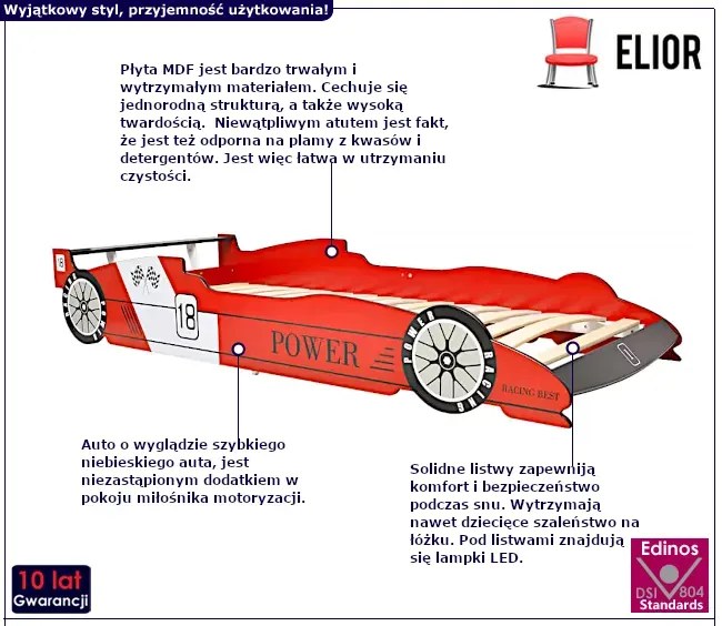 Czerwone łóżko auto z lampkami LED 90x200 - Orfeo