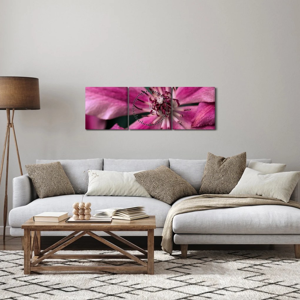 Obraz różowego kwiatu powojnika (z zegarem) (90x30 cm)