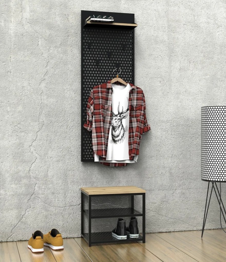 Loftowy taboret z półkami na buty Loft LT1 czarny/dąb wotan