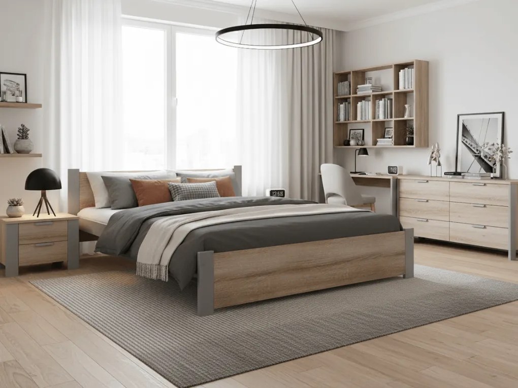 Łóżko IKAROS 180 x 200 cm, dąb sonoma/szary Stelaż: Ze stelażem listwowym rolowanym elastycznym, Materac: Materac Deluxe 10 cm