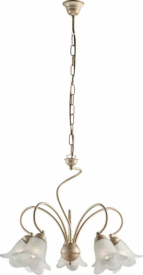 Żyrandol Alice z lakierowanego żelaza w kolorze kości słoniowej, dekor stare złoto, klosze z białego szkła alabastrowego Ø14 cm, 5 świateł, Ø57 cm