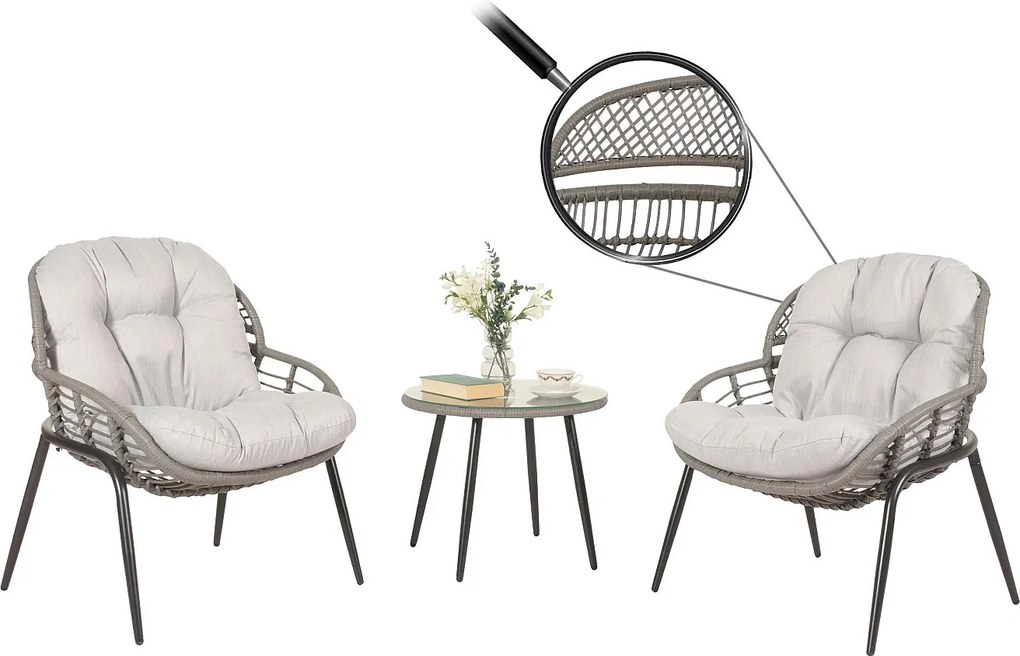 Zestaw polirattanowy MCW-N33 (3-częściowy),  szary, tapicerka jasnoszara