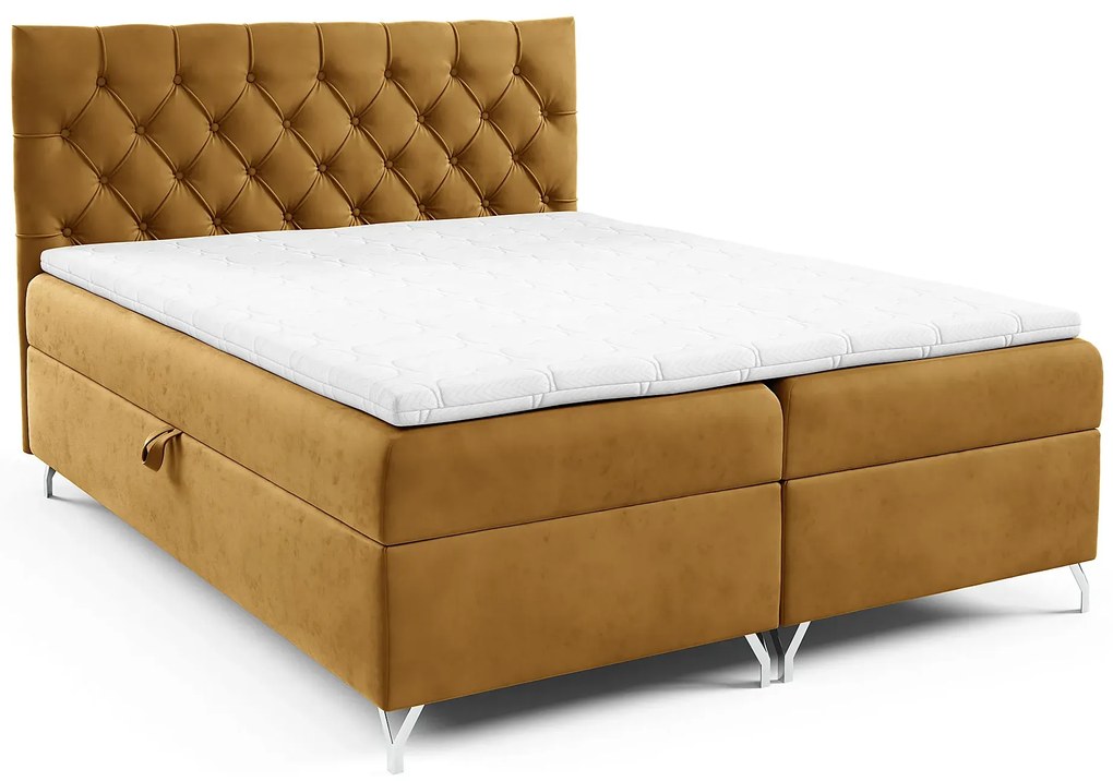 Musztardowe łóżko kontynentalne z pojemnikiem 5 rozmiarów P1-R73