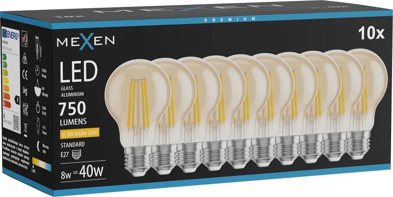 Mexen Vintis 10x żarówka filament LED E27, A60, 8W, Ciepła - 2200K, 750 lm, amber - L150-E27-0822-50x10