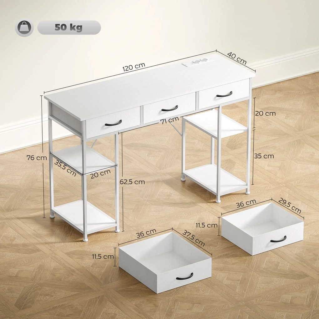 HOMCOM Biurko/Stół kuchenny z 2 portami USB i 2 gniazdkami, regulowane półki, 3 materiałowe szuflady, 120x40x76 cm, biały | Aosom PL