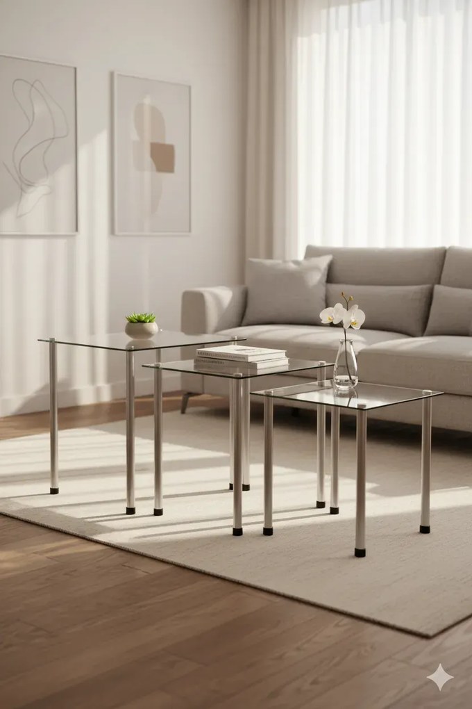 Minimalistyczny komplet 3 szklanych stolików H2-T54