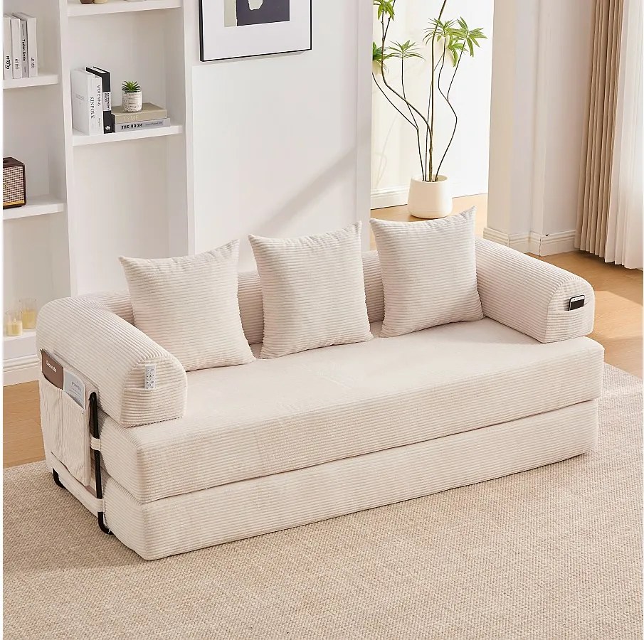 Sofa 3-osobowa rozkładana - 200 x 94 x 67 cm - z kieszeniami bocznymi + 3 poduszki - aksamit - beż