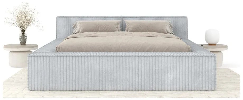 Jasnoszare tapicerowane łóżko dwuosobowe ze schowkiem ze stelażem 200x200 cm Voliera – Maison de Rêve