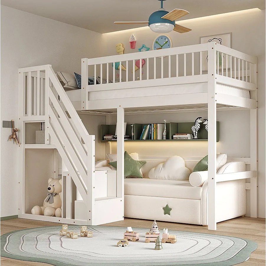 Łóżko piętrowe dla dzieci - 90 x 200 cm - schody z pojemnikiem - drewno - białe