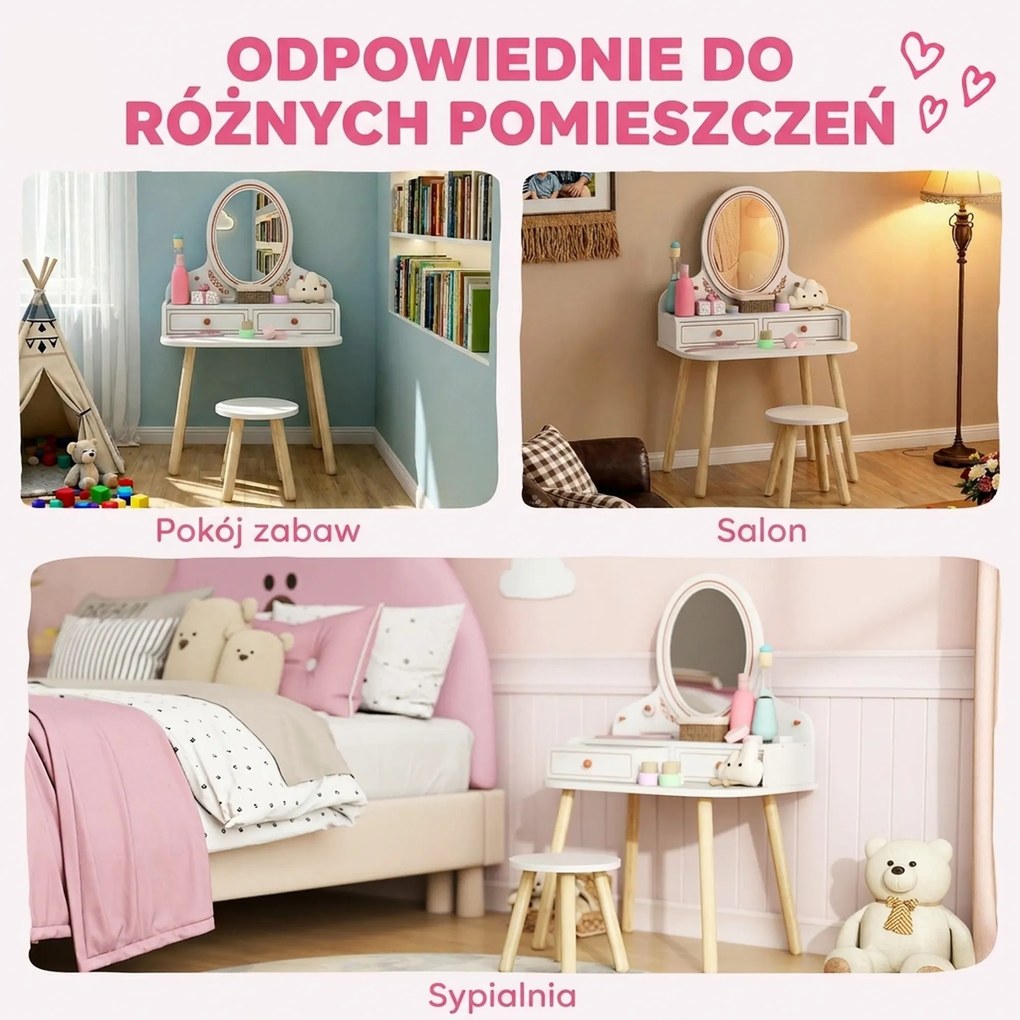 AIYAPLAY Dziecięcy Stolik do Makijażu Zestaw z Taboretem Lustrem Szufladami Drążkami na Ubrania dla 3-8 Lat 56 x 38 x 87,8 cm Biały | Aosom PL