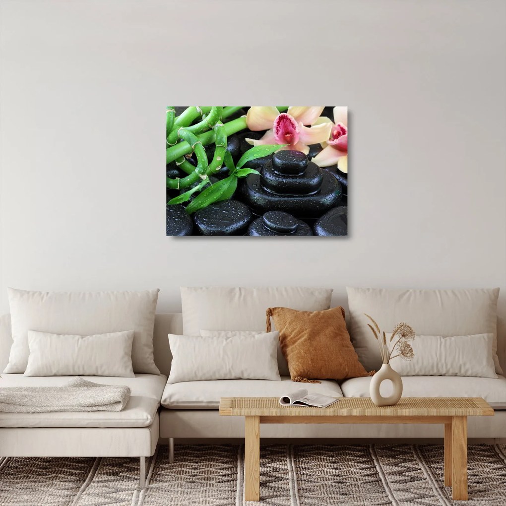 Obraz na szkle - Kamienie i orchidee (70x50 cm)