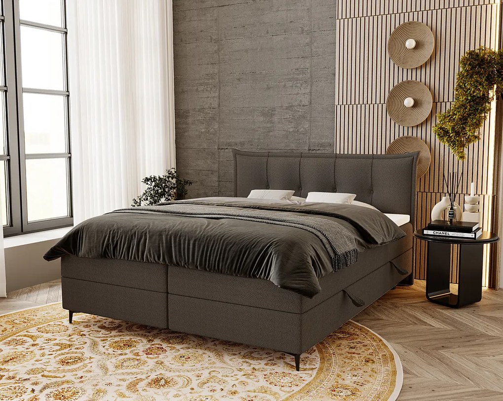 Emporius Liron łóżko kontynentalne 180x200 - łóżko dwuosobowe z materacem i topperem - pojemnik, tkanina boucle, ciemny szary (Anthology 18)