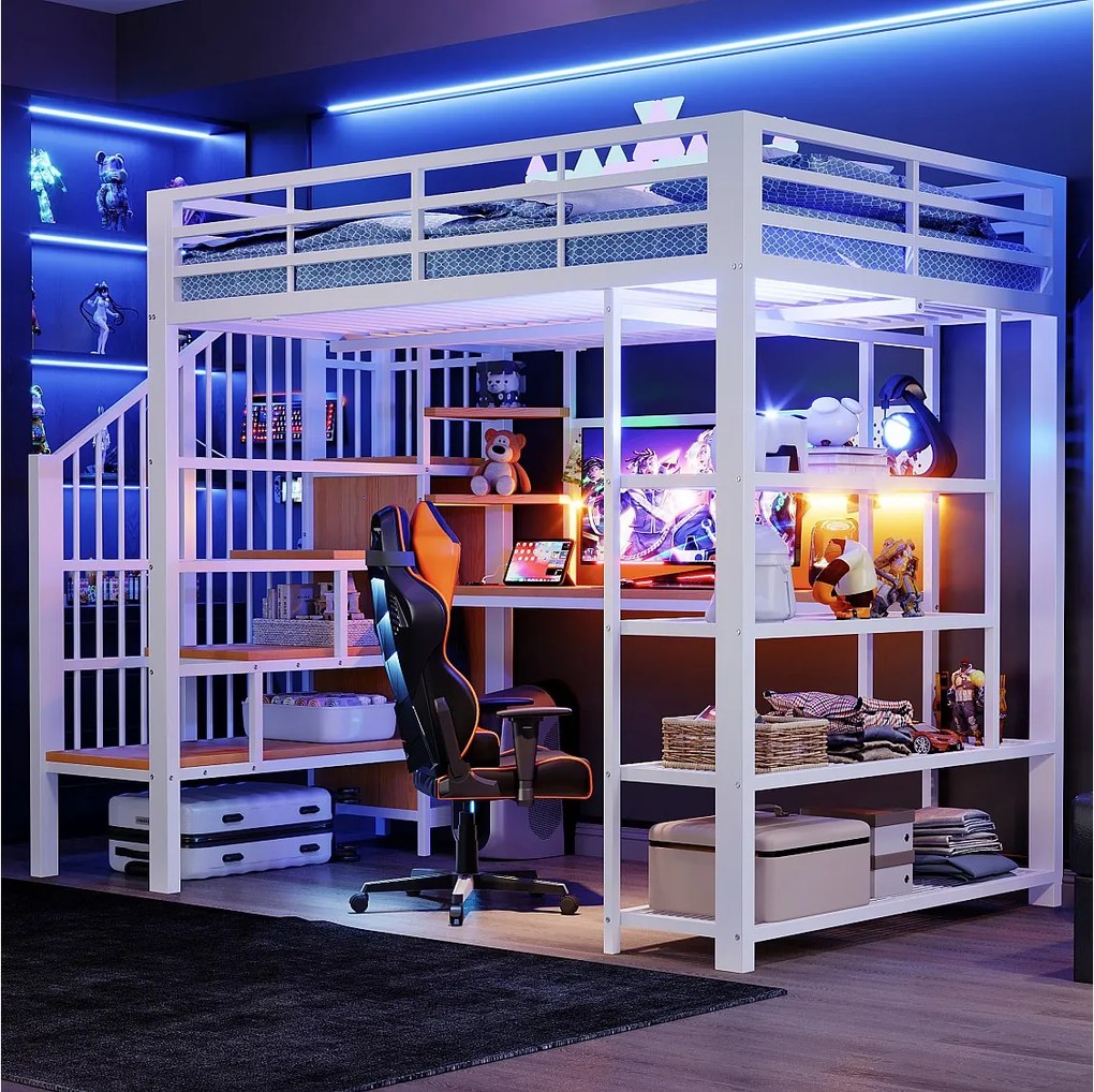 Łóżko piętrowe z kutego żelaza 140×200 cm - z biurkiem - z gniazdkiem elektrycznym - z oświetleniem LED - biały (materac nie wchodzi w skład zestawu)