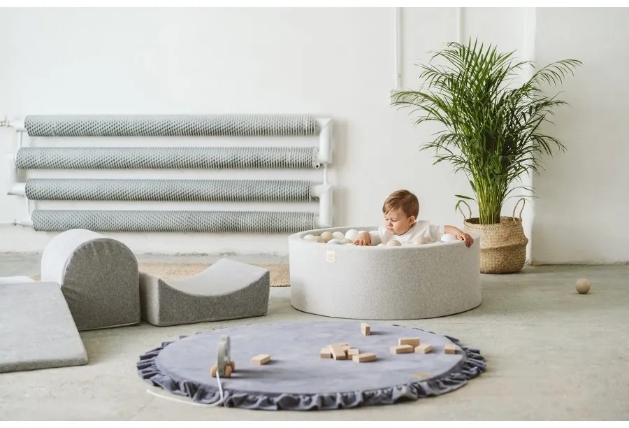Okrągły suchy basen z piłeczkami 7cm dla dziecka, 90x40cm/300 piłek, bawełniany, jasnoszary, piłki: żółte, czerwone, czarne - meowbaby®