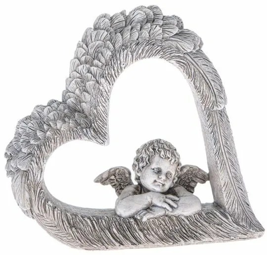 Dekoracja serce z aniołem, szary, polyresin, 14,5 x 13,5 x 4 cm