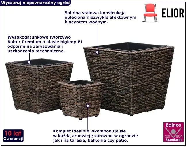 Komplet 3 brązowych donic z hiacyntu wodnego - Heron