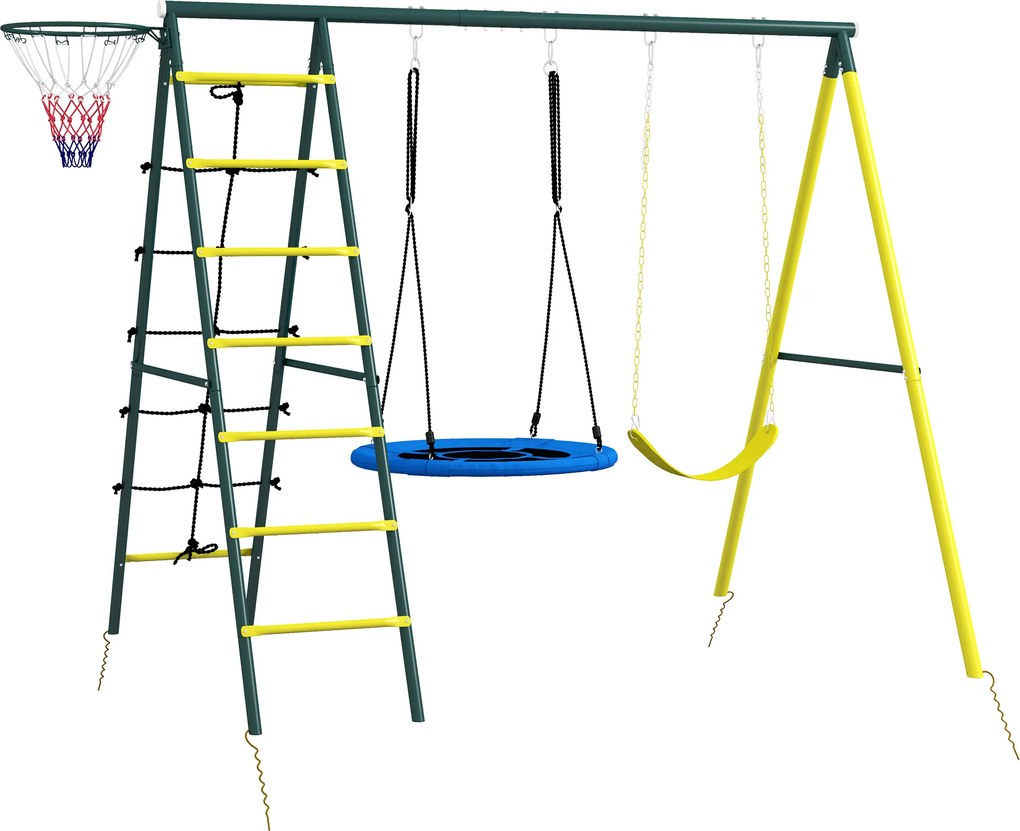 Outsunny Konstrukcja Huśtawki dla Dzieci z 2 Huśtawkami, Koszykiem do Koszykówki, Drabinką do Wspinaczki, 267x180x202 cm, Żółty