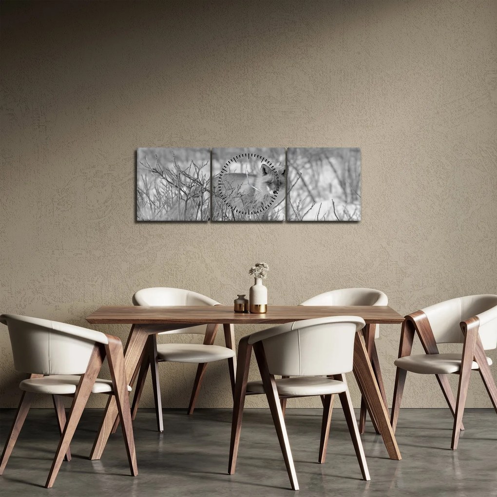 Obraz - Lis, czarno - biały (z zegarem) (90x30 cm)