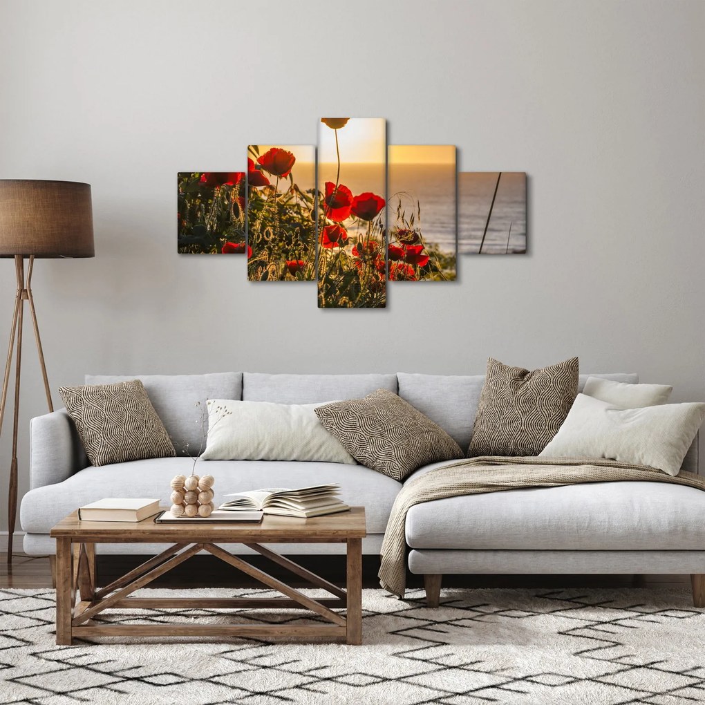 Obraz zachodu słońca z makami (125x70 cm)