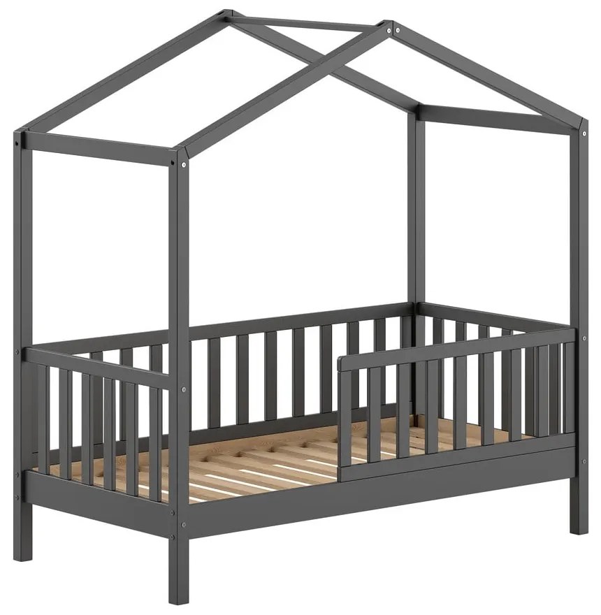 Antracytowe łóżko dziecięce z litego drewna sosnowego w kształcie domku ze stelażem 70x140 cm DALLAS – Vipack