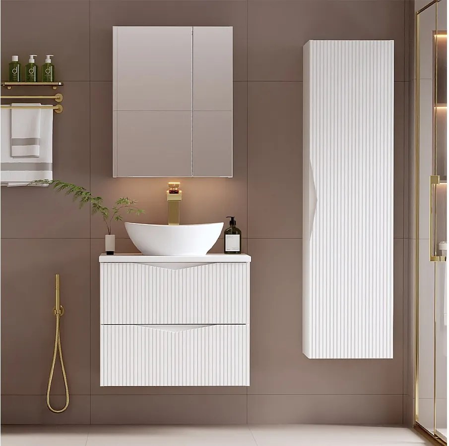 Biały Zestaw do Łazienki 60cm Szafka z Blatem Umywalka Słupek Ryflowane Fronty Cleo