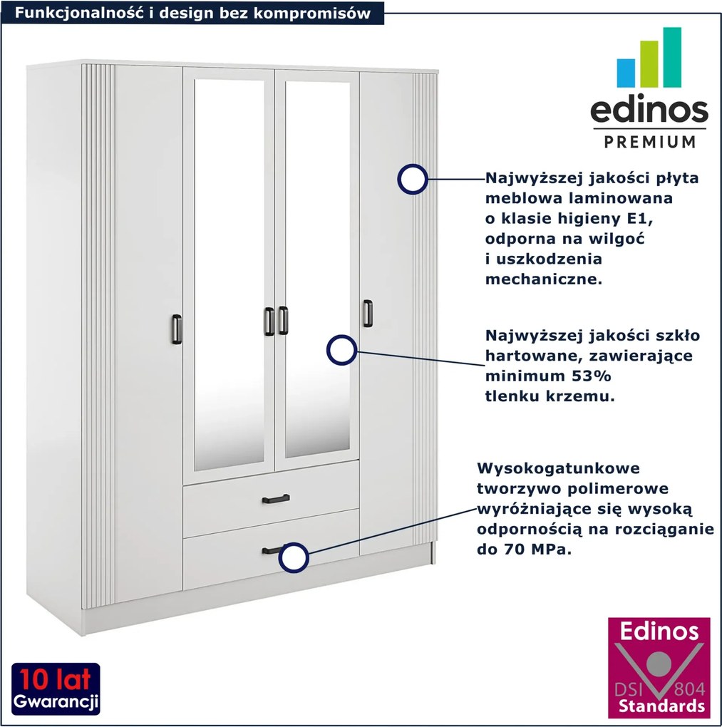 Biała czterodrzwiowa szafa z ryflowaniem i lustrem C8-F56