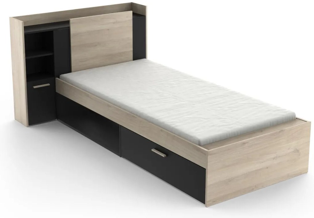Łóżko modułowe 90 x 190/200 cm ze schowkami - Czarny i naturalne drewno - MARTELO