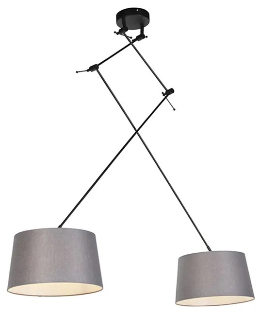 Lampa wisząca czarna z abażurami z lnu ciemnoszarymi 35 cm 2-światłowa - Blitz Nowoczesny Oswietlenie wewnetrzne