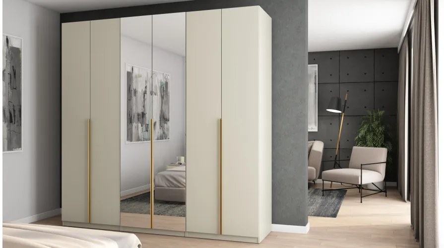 Szafa 6 drzwiowa z lustrem otwierana 240 x 240 cm – kaszmirowy beż ze złotymi uchwytami