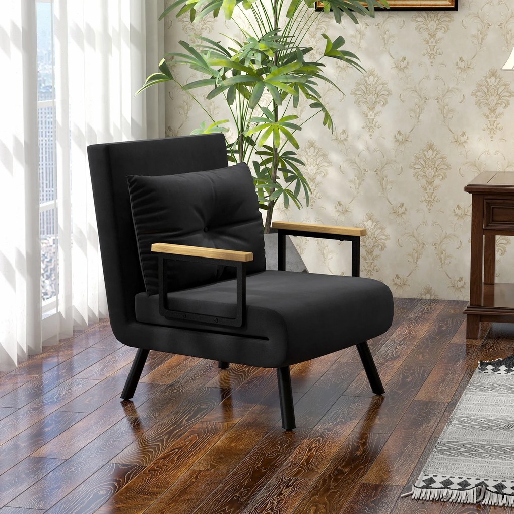 HOMCOM Fotel relaksacyjny w skandynawskim stylu, fotel leżankowy, fotel do czytania. W zestawie poduszka z pikowaniem guzikowym, czarny | Aosom PL