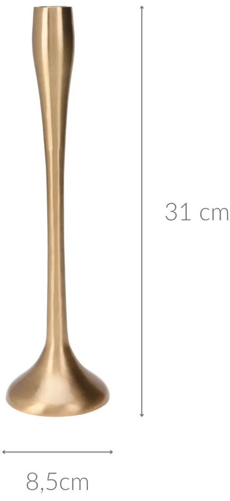 Złoty świecznik na jedną świecę, 8,5 x 31 cm