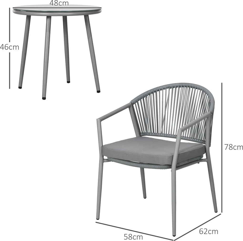 Outsunny Zestaw mebli ogrodowych, 2 krzesła & 1 stolik z blatem szklanym, imitacja rattanu, odporny na warunki atmosferyczne, stalowy stelaż, szary