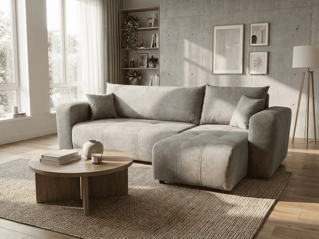 Jasnoszara rozkładana narożna sofa SORELA, dwustronna + 2 poduszki GRATIS