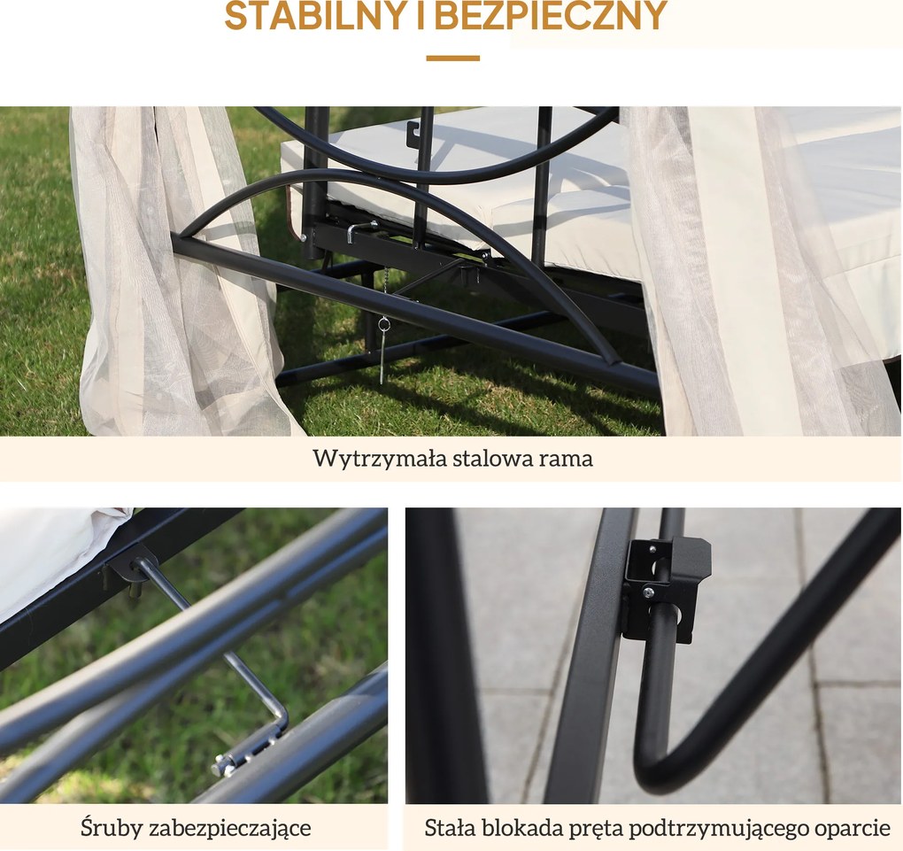 Outsunny huśtawka ogrodowa z dachem i ściankami bocznymi 3-osobowa beżowa przestronna 256x172x248cm | Aosom PL