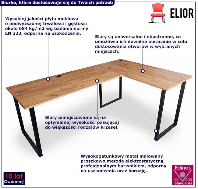 Industrialne duże biurko narożne 120x180x60 dąb craft złoty - Verdot