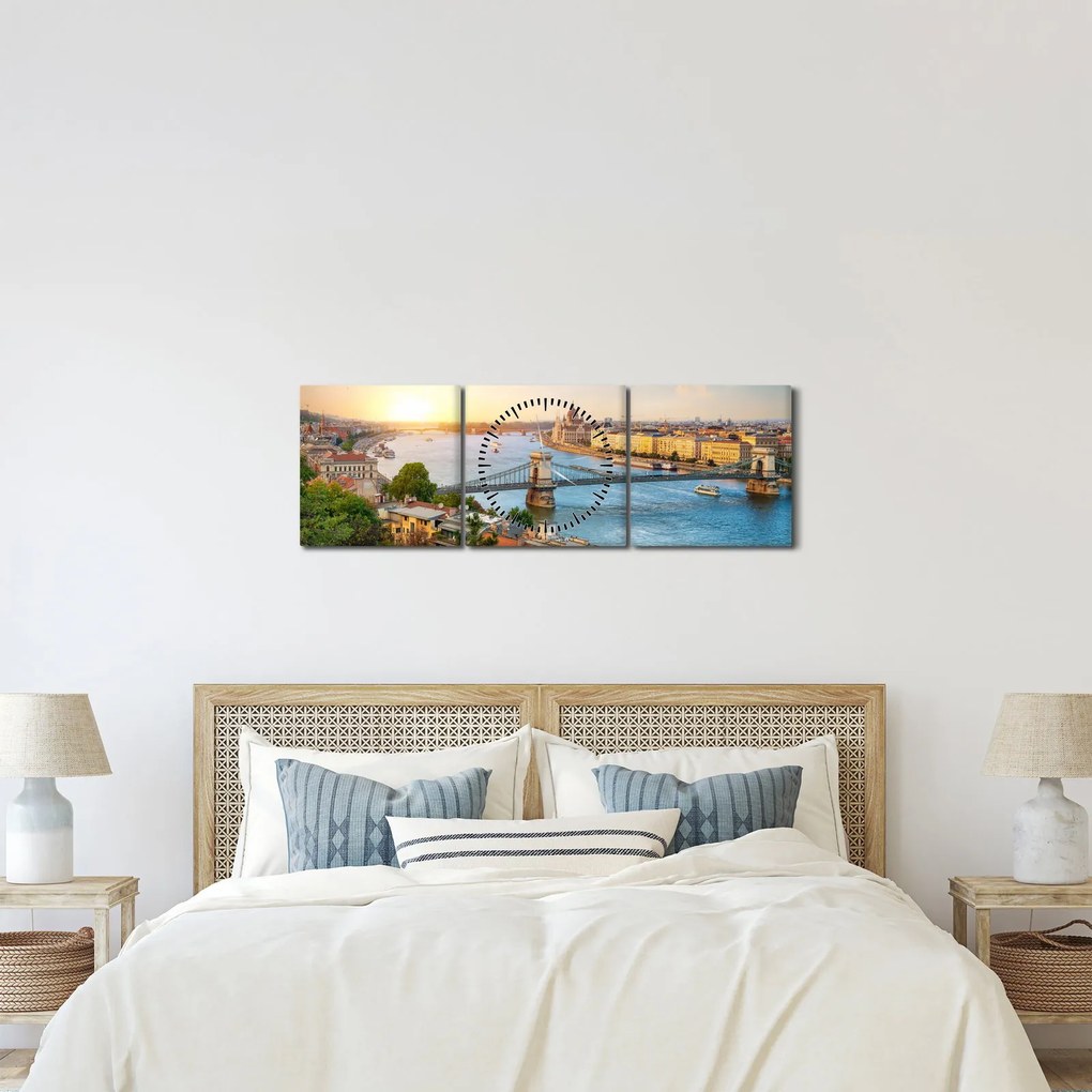 Obraz miasta Budapeszt z rzeką (z zegarem) (90x30 cm)