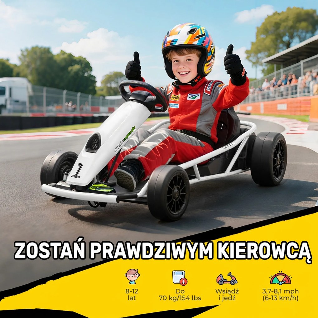 HOMCOM 24 V elektryczny gokart dla dzieci do 13 km/h z funkcją driftu, drift-kart z 2 silnikami dla 8-12 lat, biały | Aosom PL
