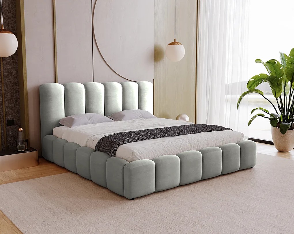 BESILIO Miękkie łóżko tapicerowane 180x200 Julien - łóżko z pojemnikiem, obłe łóżko, gęste pionowe pasy - Szary