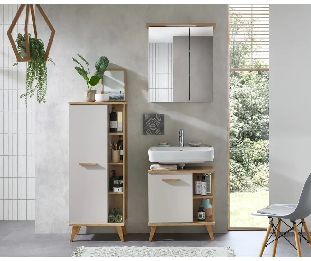 Kremowa wysoka szafka łazienkowa w dekorze dębu 50,5x128 cm Quickset 966 – Pelipal