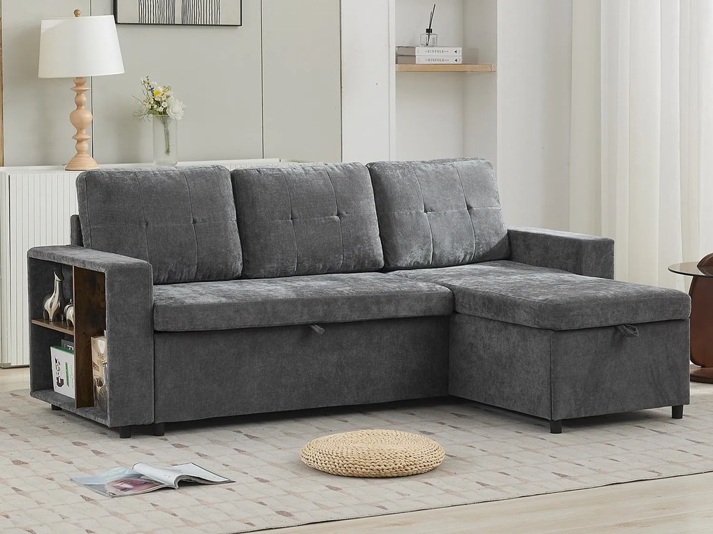 Sofa narożna w kształcie L, 3-osobowa - 202 x 136 x 85 cm - Półka boczna - Wygodne poduszki - Tkanina welurowa - Szary