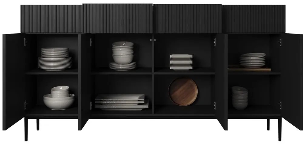 Komoda czterodrzwiowa Nicole 200 cm z szufladami z ryflowanym frontem - czarny mat / czarne nóżki